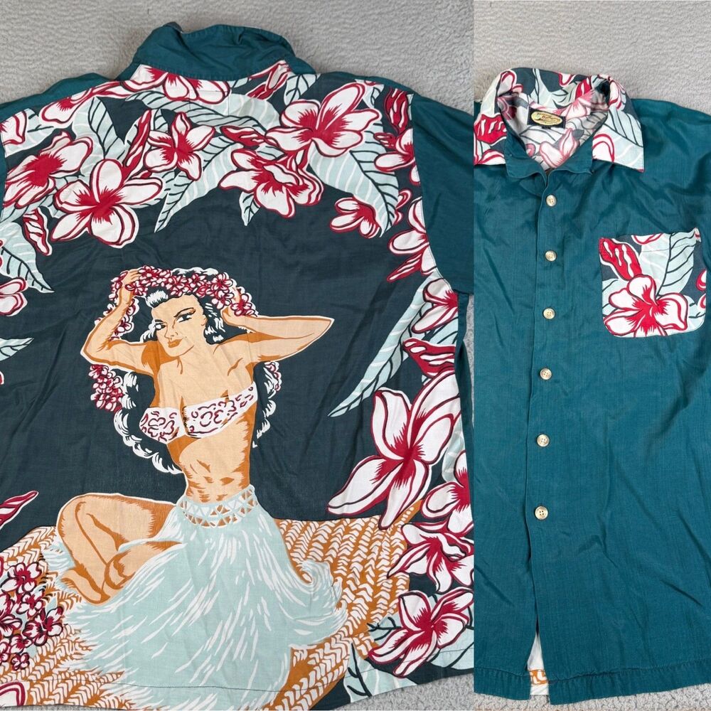 TOMMY BAHAMA Hawaiian Shirt Mens M Green Red Hula Girl Lei Flower Lightweight